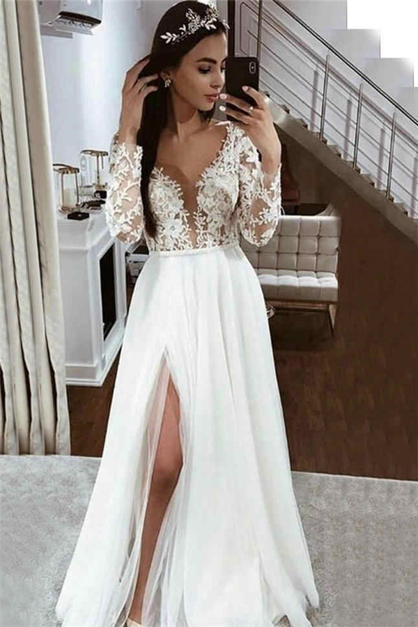 Long Sleeves V Neck Tulle Applique Lace A Line Wedding Dresses with Side Slit - YESBABYONLINE