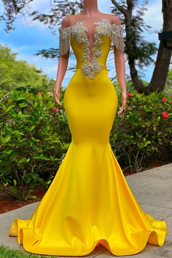 Gorgeous Yellow Long Mermaid Off the Shoulder Tassel Backless Prom Dre   YESBABYONLINE