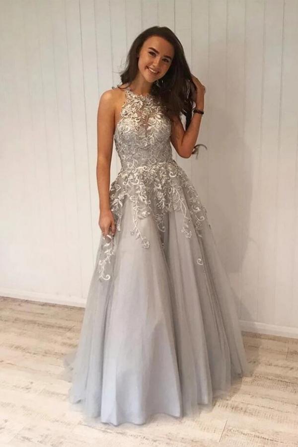 Grey Long A-line Halter Floor Length Tulle Lace Prom Dresses  - YESBABYONLINE