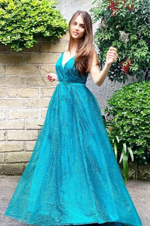 Long V-neck Spaghetti Straps Sequins A-Line Backless Party Prom Dress - YESBABYONLINE