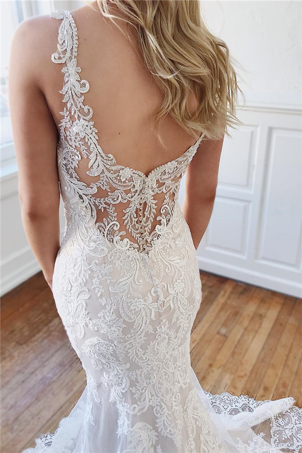 Long Mermaid V-neck Lace Appliques Open Back Wedding Dresses - YESBABYONLINE
