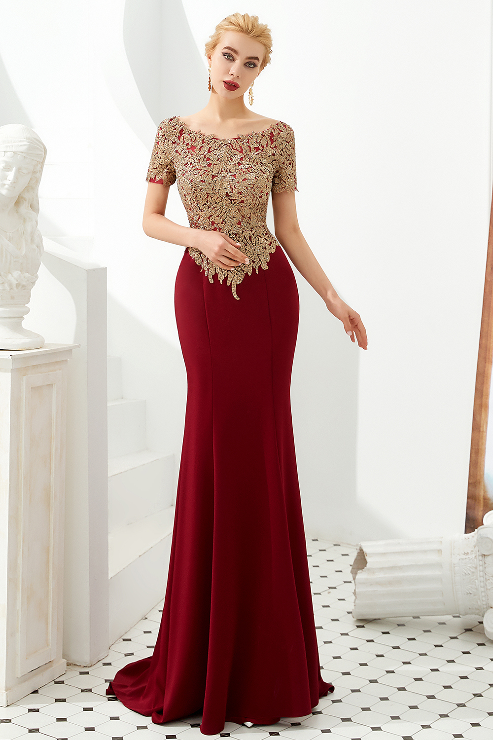 Long Mermaid Bateau Satin Applique Lace Evening Dresses with Short Sleeves - YESBABYONLINE