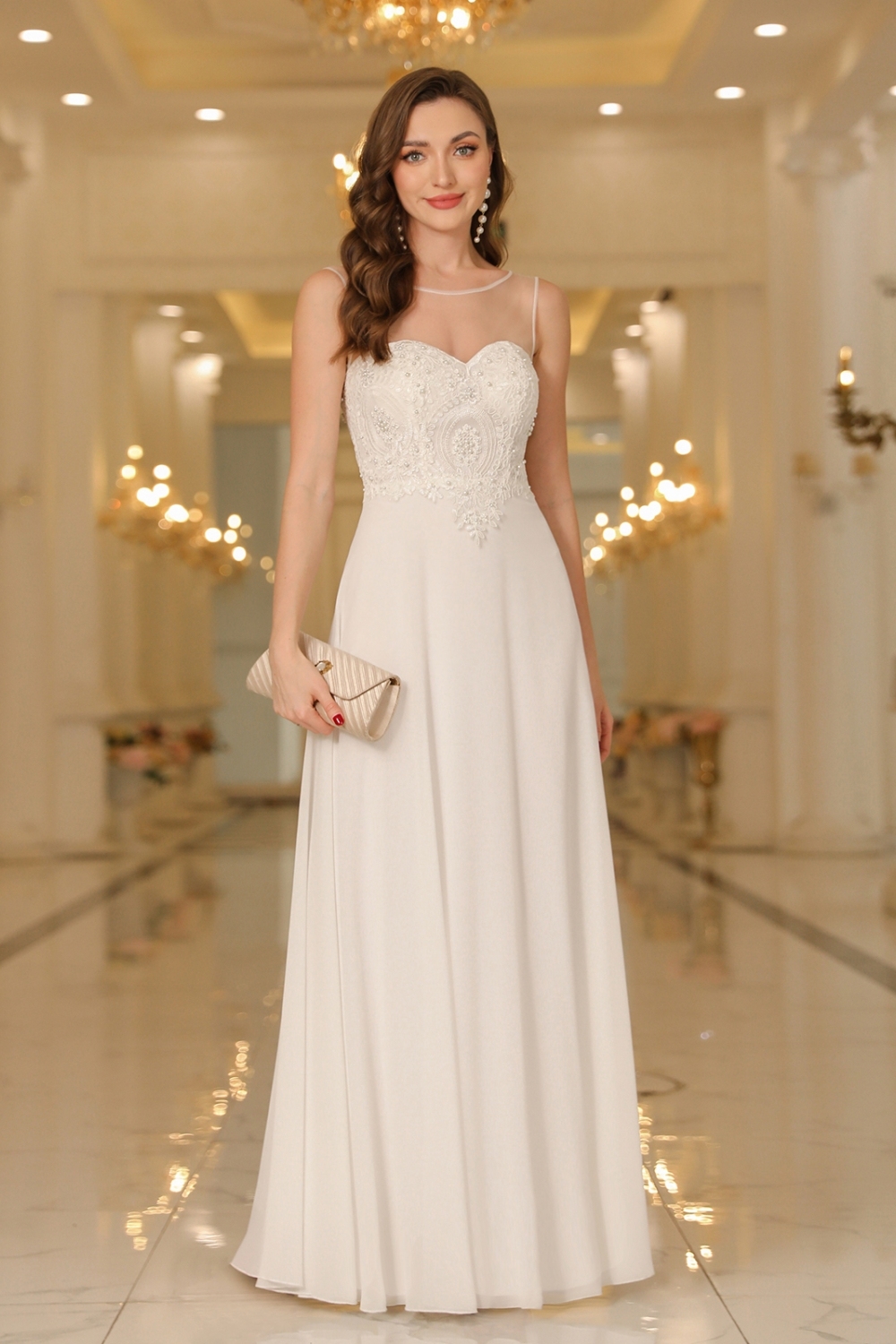 Elegant Long A-Line Lace Chiffon Floor Length Sleeveless Prom Dresses - YESBABYONLINE