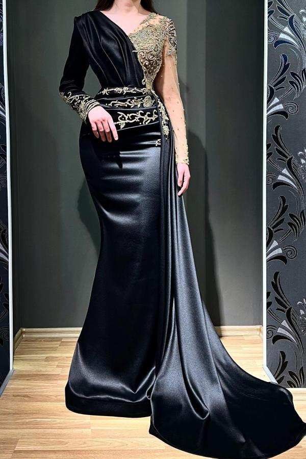 Elegant Black Long V-Neck Mermaid Floor-Length Satin Prom Dress with Sleeves - YESBABYONLINE