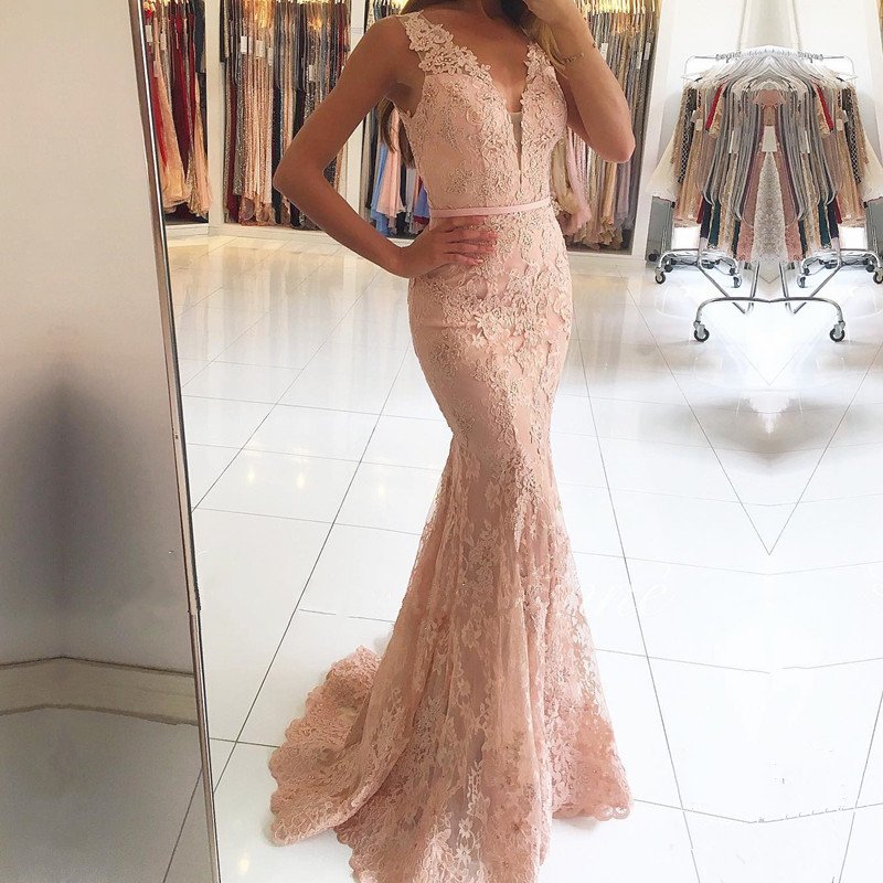 Sexy Long Mermaid V-neck Tulle Lace Formal Prom Dresses - YESBABYONLINE