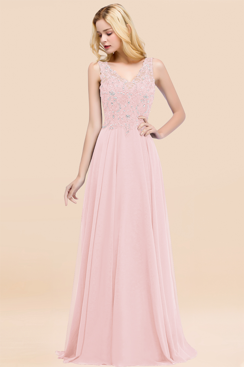 Long A-line Straps V Neck Applique Lace Floor Length Chiffon Bridesmaid Dresses - YESBABYONLINE