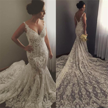 Long Mermaid V-neck Sleeveless Lace Backless Wedding Dresses - YESBABYONLINE