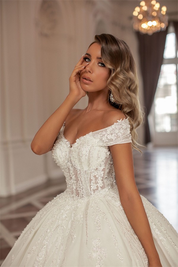 Charming Long Off the Shoulder Organza Ball Gown Wedding Dress with Appliques Lace - YESBABYONLINE