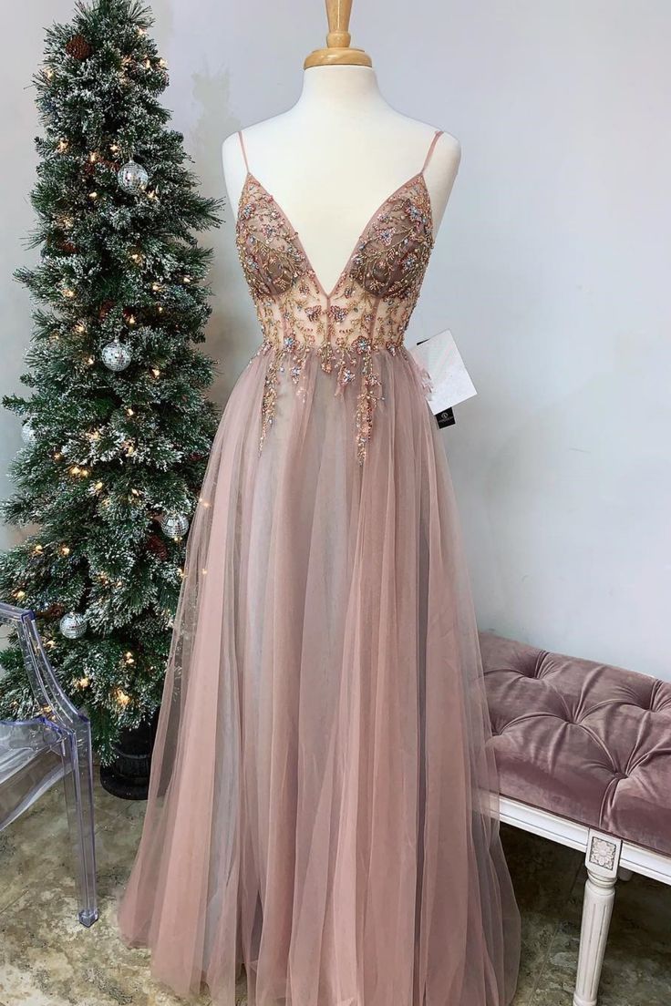 Long A-line Spaghetti Straps V-neck Tulle Backless Prom Dresses with Side Slit - YESBABYONLINE