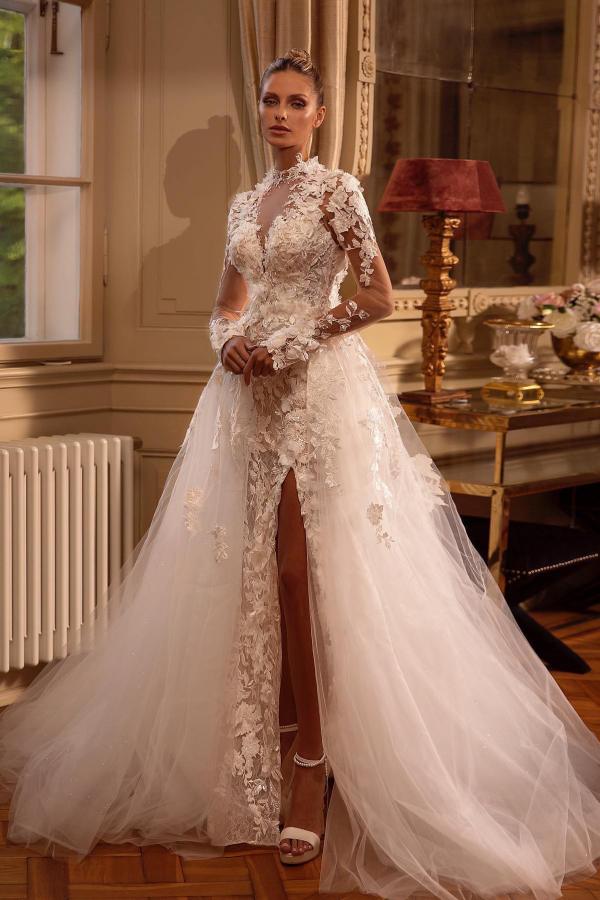 Gorgeous Long Sleeves Mermaid High Neck Tulle Lace Backless Wedding Dress with Slit - YESBABYONLINE