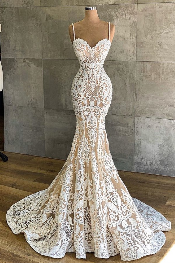 Long Spaghetti Straps Appliques Lace Sweetheart Mermaid Wedding Dress -YESBABYONLINE