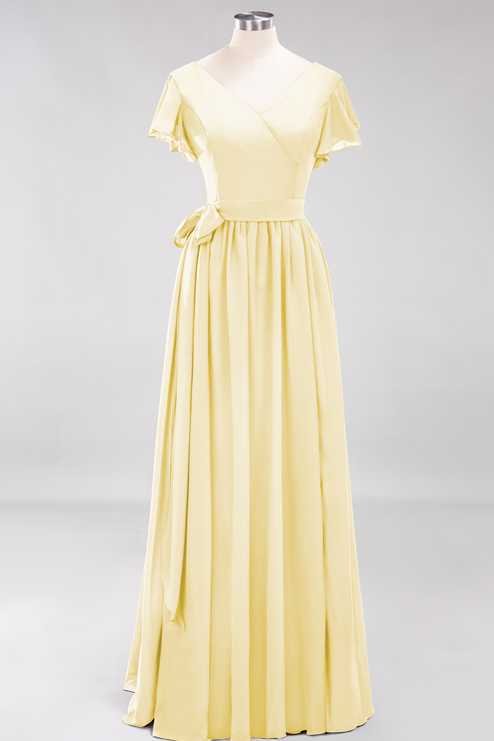 Elegant A-line V-Neck Short Sleeves Floor-Length Bridesmaid Dresses with Bow Sash - YESBABYONLINE