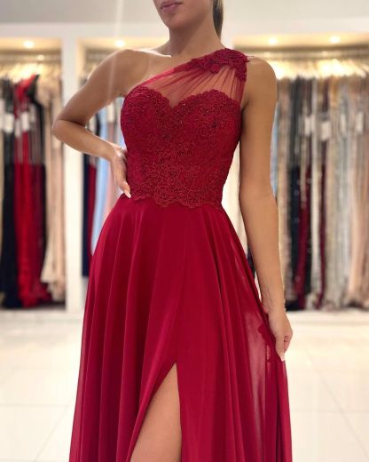 Elegant Long One Shoulder Appliques Lace Chiffon Ruffles Split A-Line Prom Dress - YESBABYONLINE