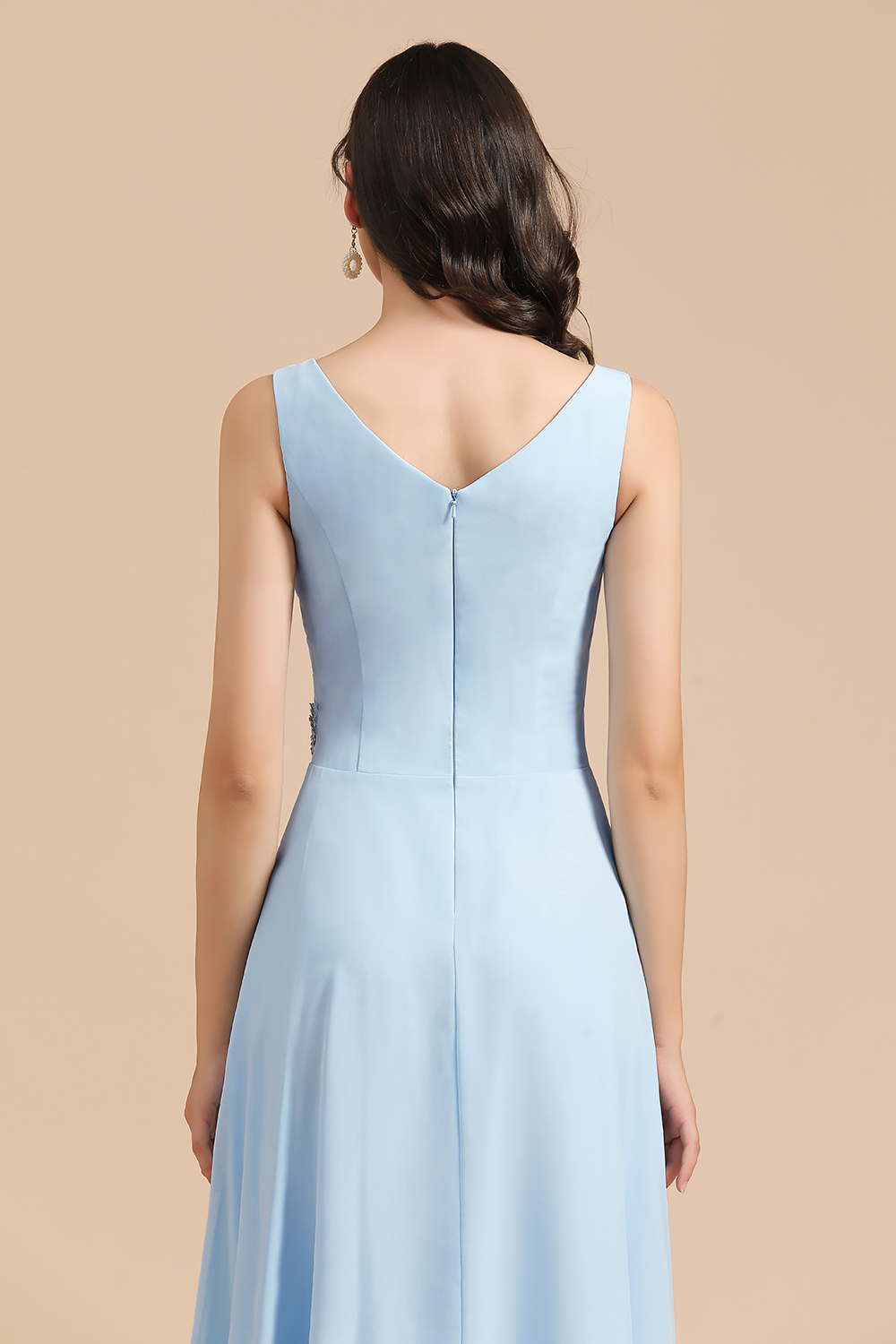 Sky Blue Long A-line V-Neck Ruffle Chiffon Bridesmaid Dress - YESBABYONLINE