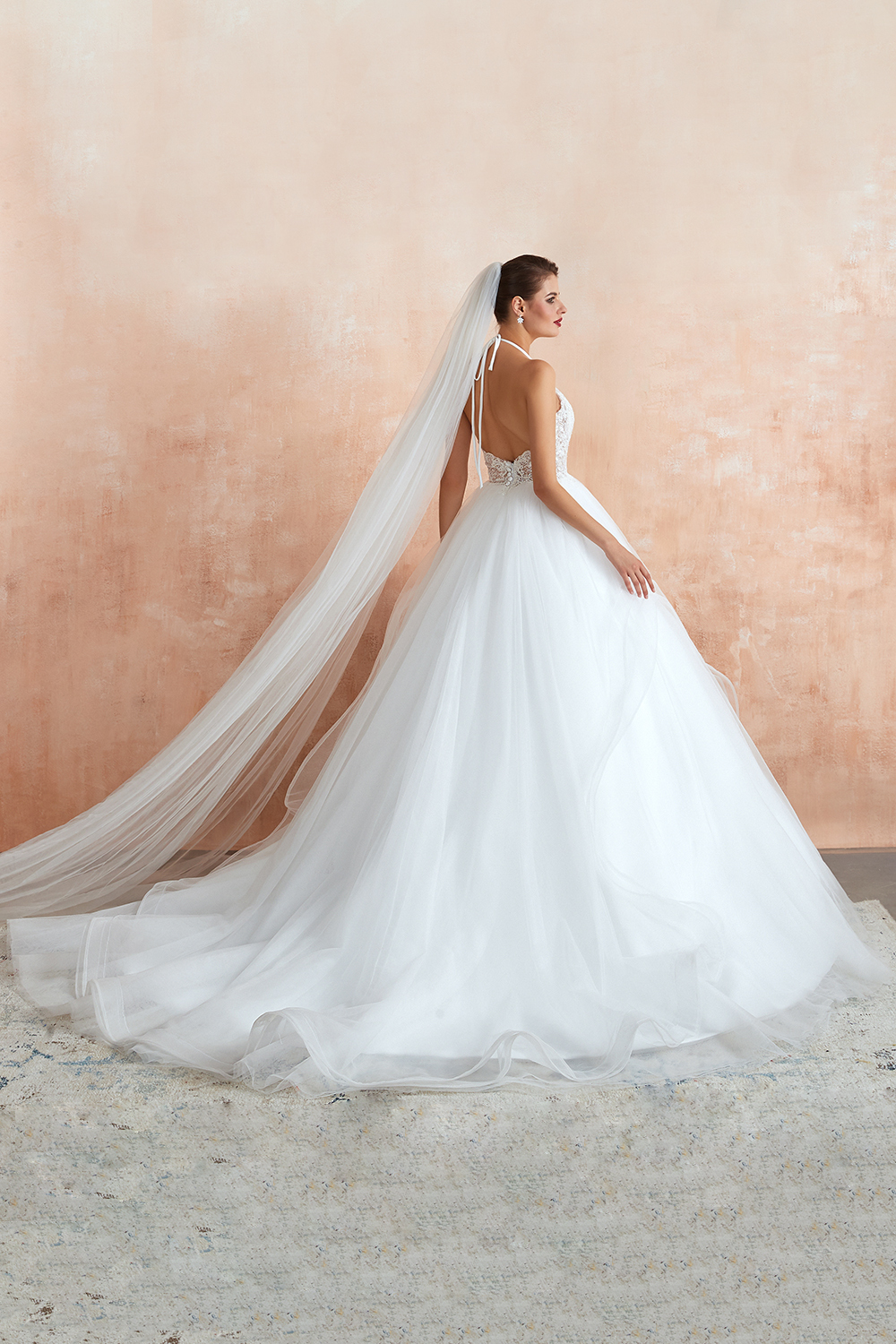 Long Ball Gown Halter Backless Tulle Lace Wedding Dresses - YESBABYONLINE