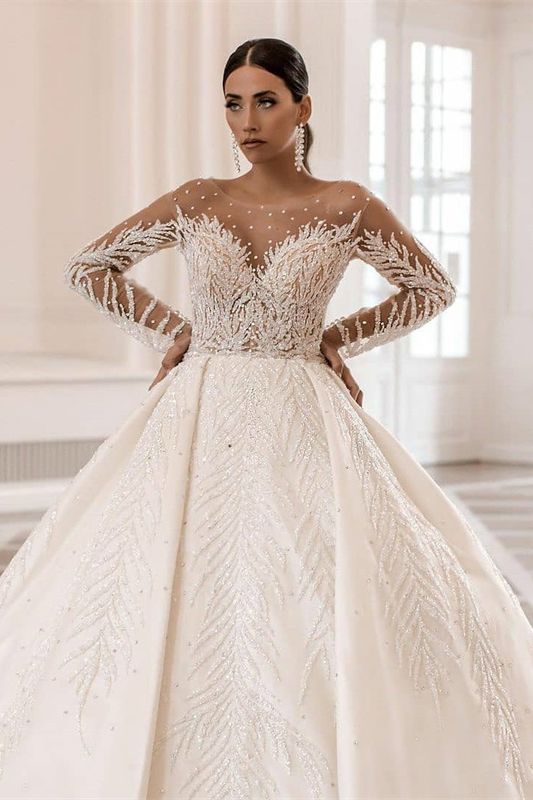 Long Sleeves Ball Gown Satin Tulle Ruffles Open Back Weddng Dress - YESBABYONLINE