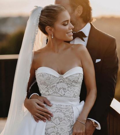 Sexy Long Mermaid Sweetheart Satin Lace Wedding Dress with Slit - YESBABYONLINE
