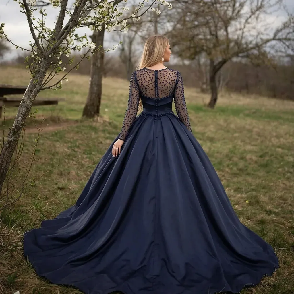 Dark Navy Jewel Long Sleeve Pearls Ball Gown Prom Dresses | Puffy Evening Dresses