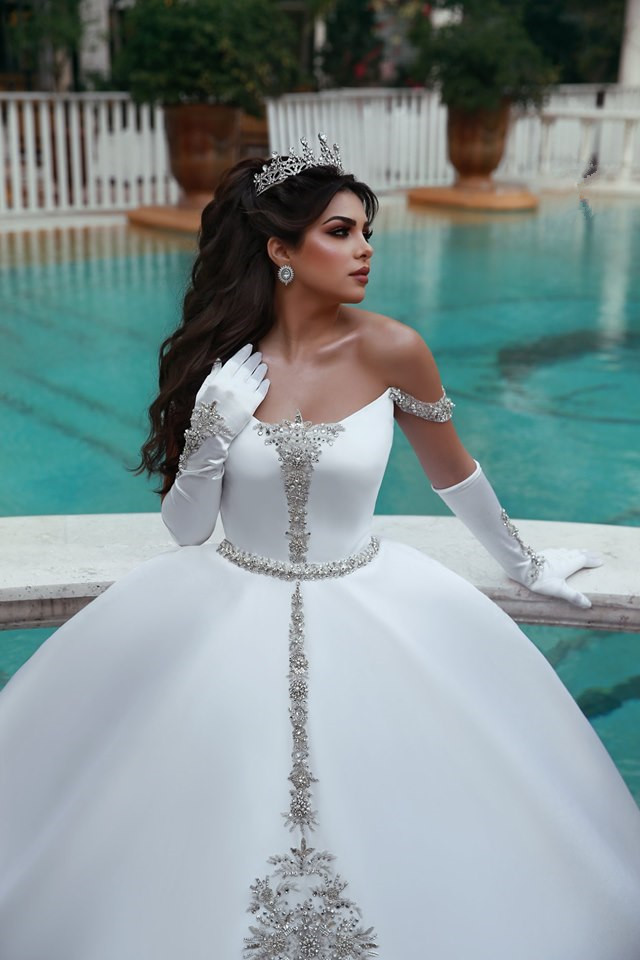 White Long Ball Gown Off-the-Shoulder Satin Appliques Lace Wedding Dress - YESBABYONLINE