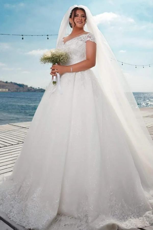 Elegant Long Off the Shoulder Sleeveless Tulle Ball Gown Wedding Dress with Appliques - YESBABYONLINE