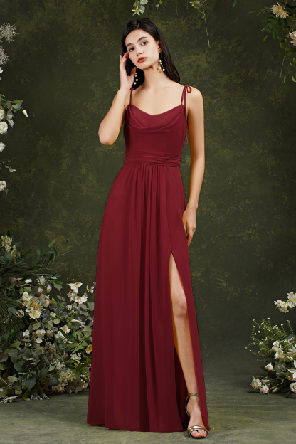 Long Chiffon Spaghetti Straps A line Backless Front Slit Bridesmaid Dress With Pockets - YESBABYONLINE