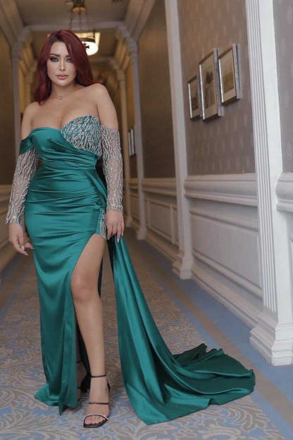 Chic Long Sleeves Mermaid Off-The-Shoulder Sweeetheart Satin Prom Dresses with Split - YESBABYONLINE