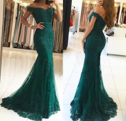 Long Off-the-shoulder Mermaid Tulle Lace Prom Dress with Appliques Lace - YESBABYONLINE