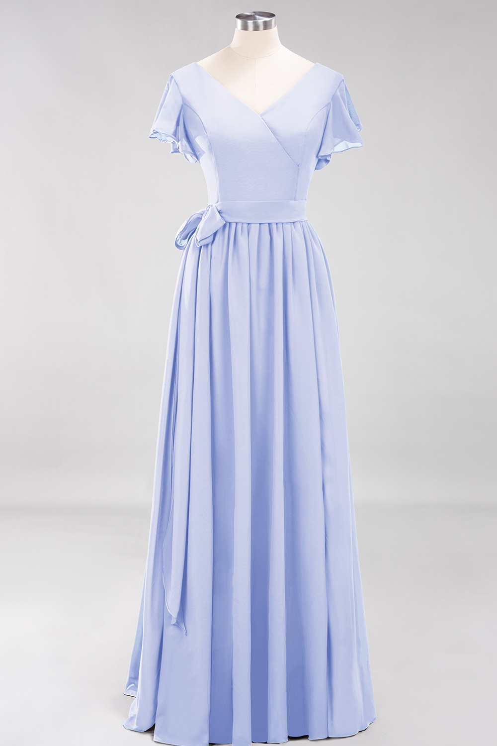 Elegant A-line V-Neck Short Sleeves Floor-Length Bridesmaid Dresses with Bow Sash - YESBABYONLINE