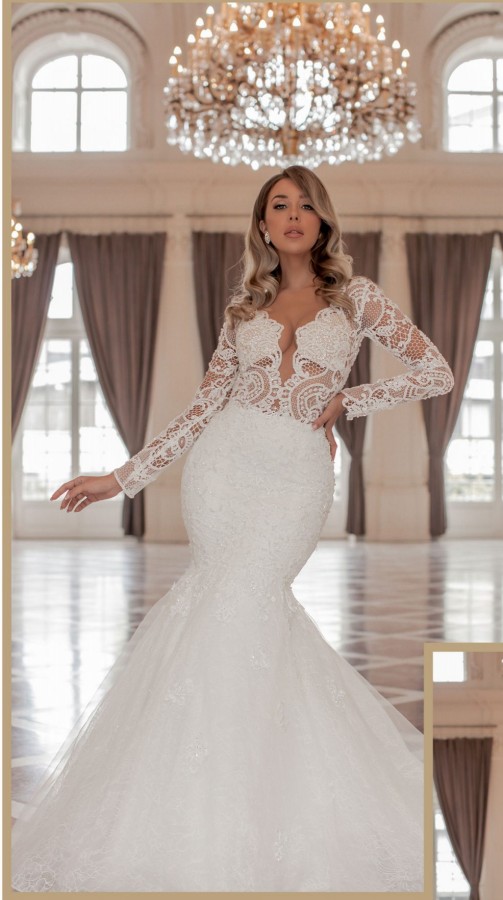 Long Sleeves V Neck Mermaid Lace Backless Wedding Dress with Chapel Train - YESBABYONLINE