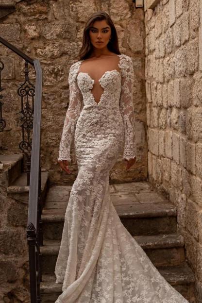Long Sleeves Mermaid Sweetheart Floor Length Lace Open Back Wedding Dress - YESBABYONLINE