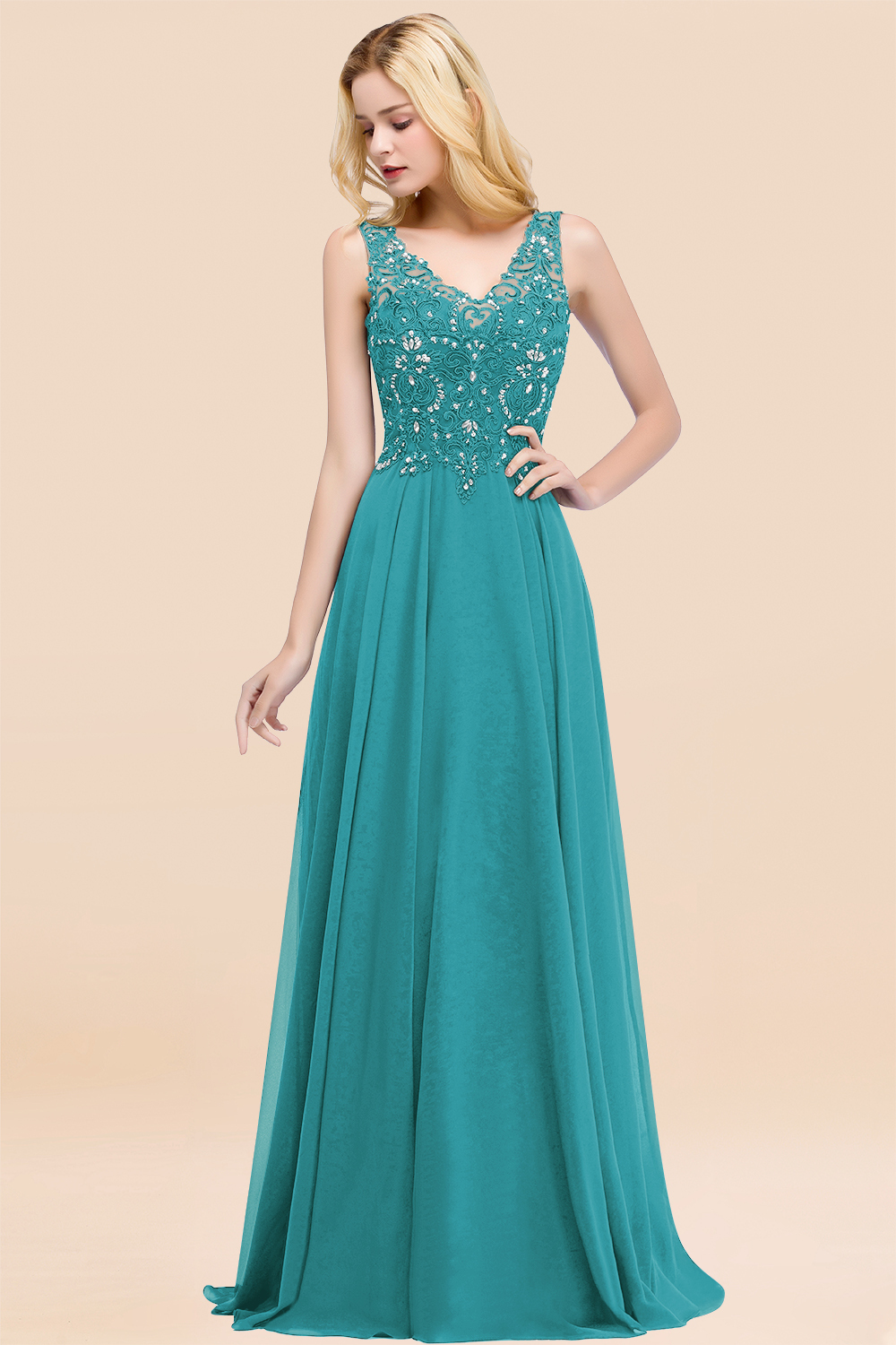 Long A-line Straps V Neck Applique Lace Floor Length Chiffon Bridesmaid Dresses - YESBABYONLINE