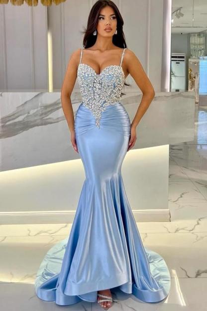 Long Mermaid Sweetheart Spaghetti Straps Satin Formal Prom Dresses