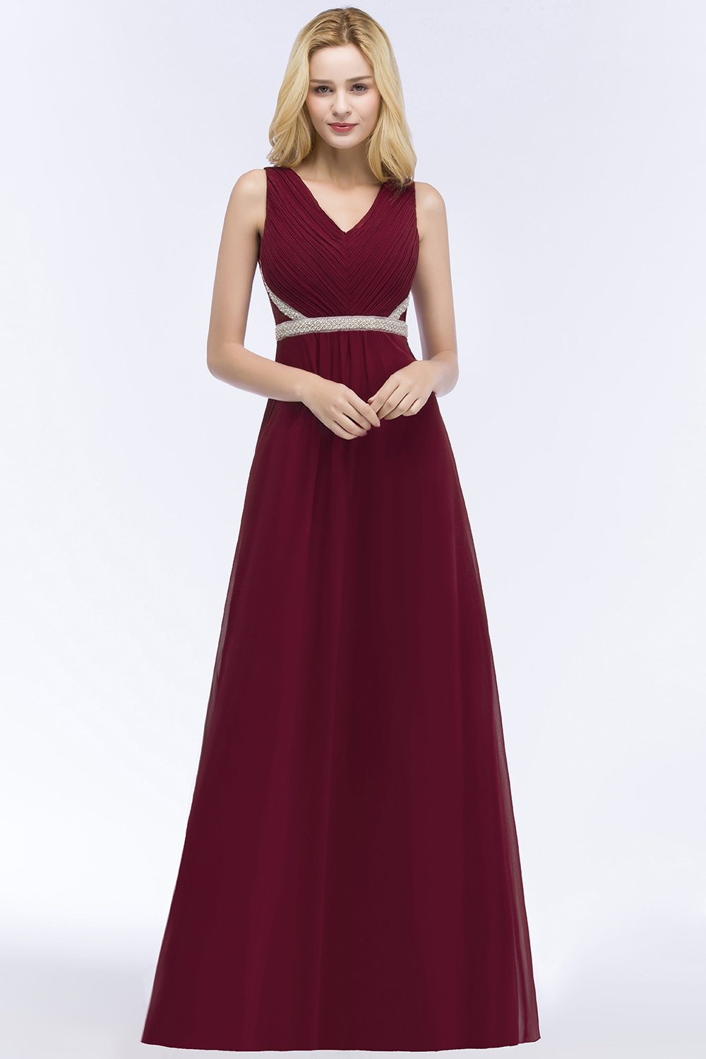 Long A line V-neck Ruffled Floor Length Bridesmaid Dresses with Beading Sash - YESBABYONLINE