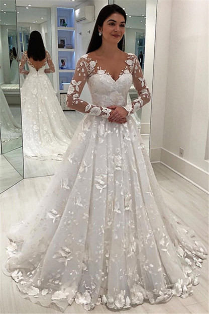 Stunning Long V-Neck A-Line Tulle Appliques Lace Wedding Dress with Sleeves - YESBABYONLINE
