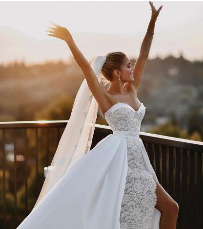 Sexy Long Mermaid Sweetheart Satin Lace Wedding Dress with Slit - YESBABYONLINE