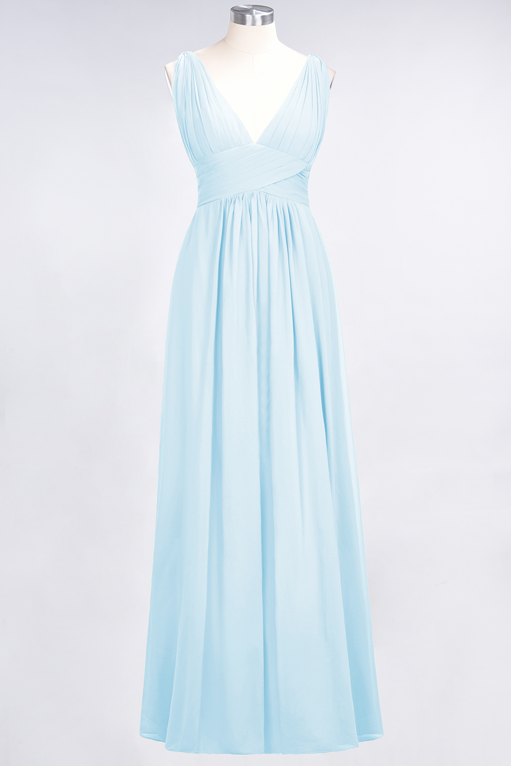 Long A Line V Neck Sleeveless Floor Length Bridesmaid Dress with Ruffle - YESBABYONLINE