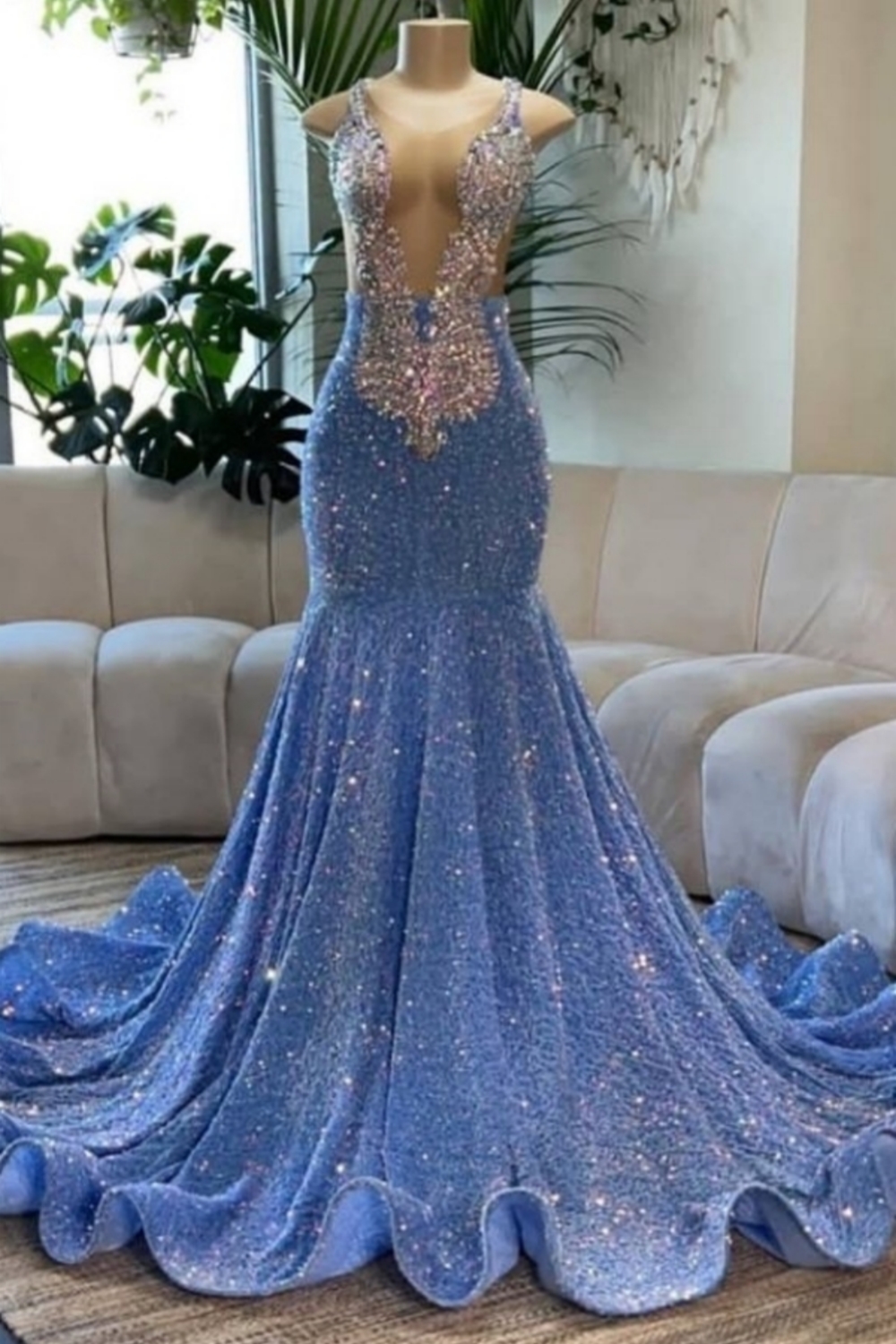 Gorgeous Long V-Neck Sleeveless Sequined Mermaid Backless Prom Dresses - YESBABYONLINE