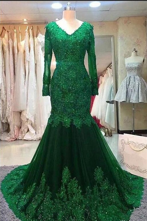 Gorgeous Long Sleeves V-Neck Tulle Lace Appliques Mermaid Evening Dress - YESBABYONLINE