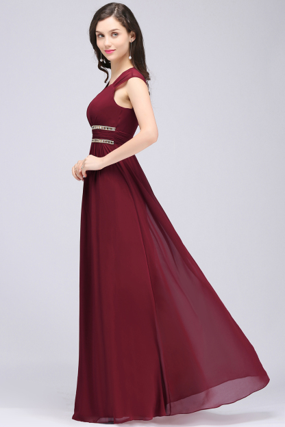 Long A Line V Neck Ruffles Floor Length Chiffon Backless Bridesmaid Dresses - YESBABYONLINE