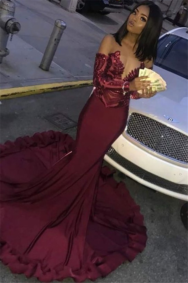 Charming Long Sweetheart Sequins Mermaid Satin Prom Dress with Sleeves - YESBABYONLINE