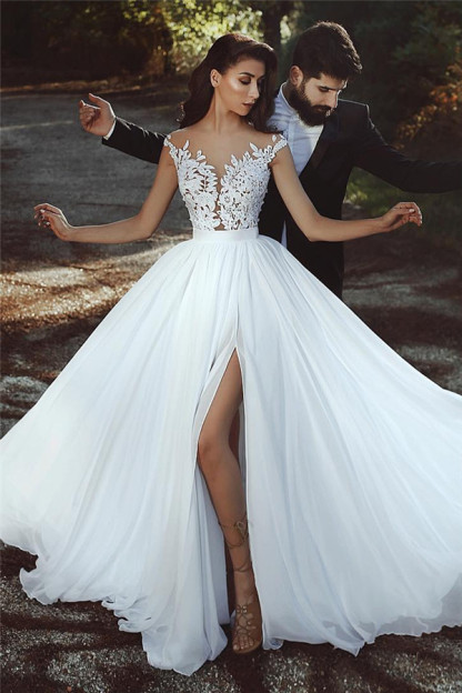 Long A-line Chiffon Lace Appliques Sleeveless Wedding Dresses with Slit - YESBABYONLINE
