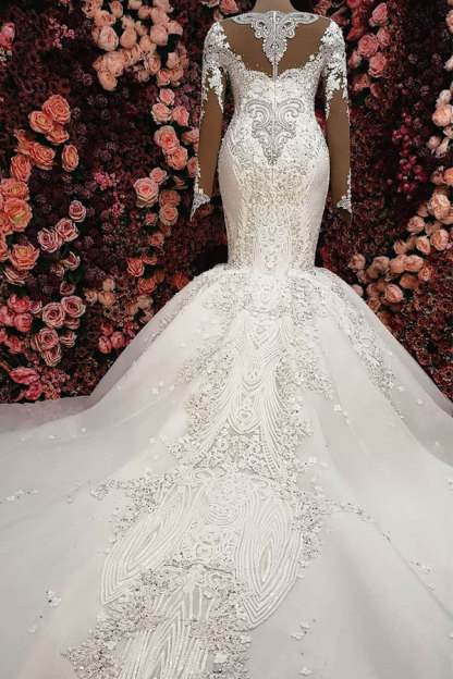 Charming Long Mermaid Sweetheart Tulle Beaded Wedding Dresses with Sleeves - YESBABYONLINE
