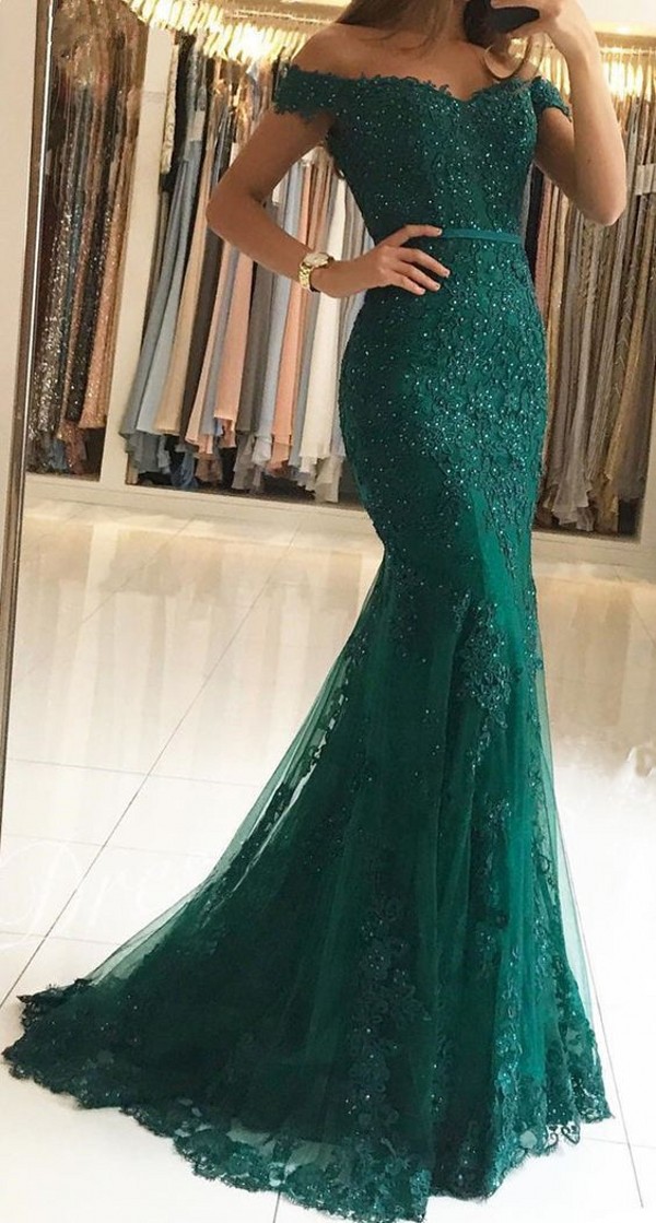 Long Off-the-shoulder Mermaid Tulle Lace Prom Dress with Appliques Lace - YESBABYONLINE