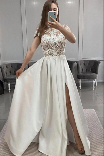 Ivory Long A-line Satin Lace Front Slit Sleeveless Prom Dresses - YESBABYONLINE