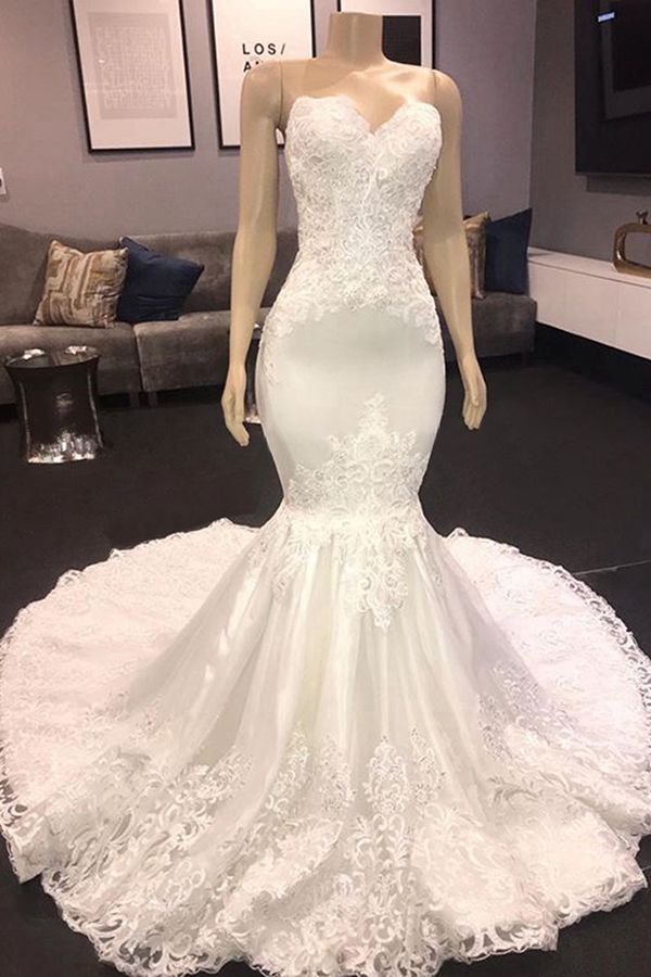 Long Sweetheart Sleeveless Mermaid Tulle Lace Wedding Dresses - YESBABYONLINE