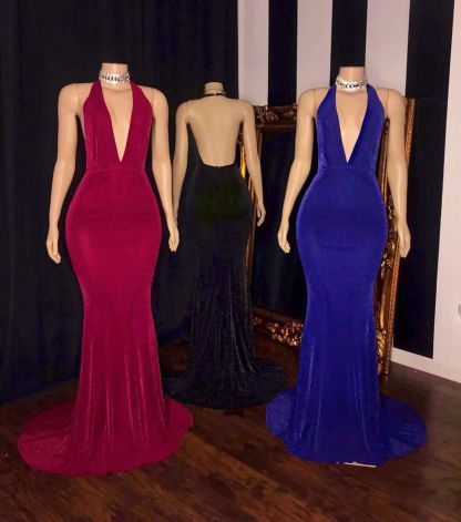 Long Mermaid Halter V-neck Sleeveless Backless Prom Dresses - YESBABYONLINE