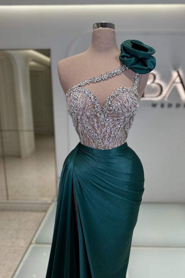 Fabulous Long One Shoulder Sleeveless Mermaid Satin Prom Dresses with Split Front - YESBABYONLINE