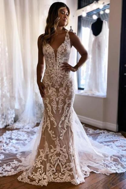 Elegant Long V Neck Sleeveless Lace Mermaid Backless Wedding Dresses - YESBABYONLINE