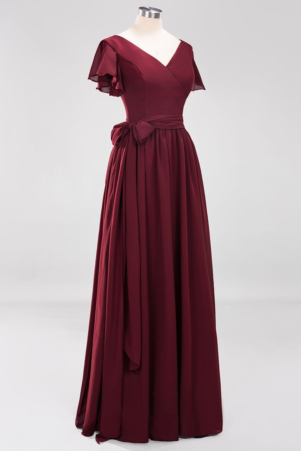 Elegant A-line V-Neck Short Sleeves Floor-Length Bridesmaid Dresses with Bow Sash - YESBABYONLINE