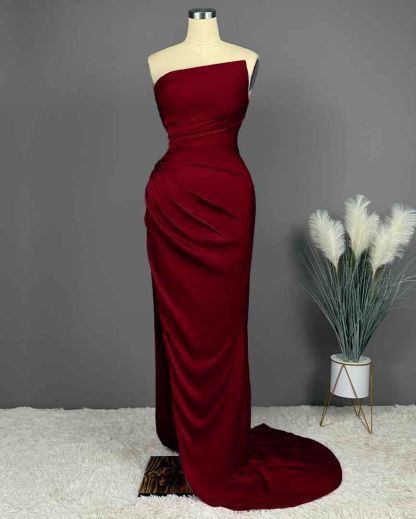 Elegant Long Strapless Sleeveless Mermaid Satin Prom Dresses with Slit - YESBABYONLINE